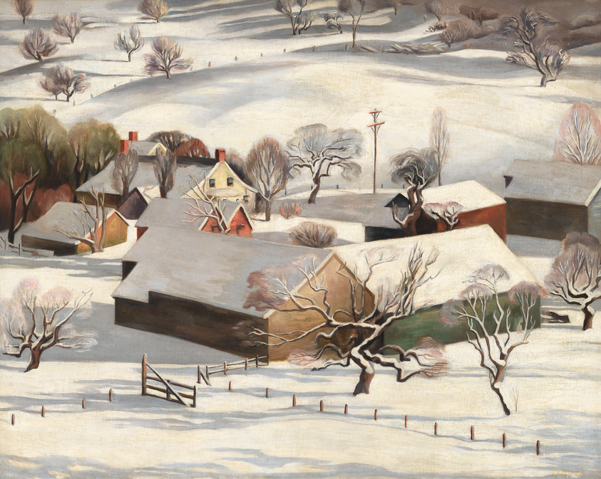 A painting depicting a serene winter scene in a rural village. Snow blankets the ground and rooftops, while bare trees with delicate branches dot the landscape. Shadows cast by the low winter sun create a pattern on the white snow, enhancing the sense of a cold, crisp day. A yellow house stands out amidst the muted colors of the surrounding buildings and nature.