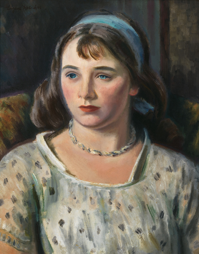 Oil painting of a young woman with a headband, wearing a patterned dress, gazing to the side.