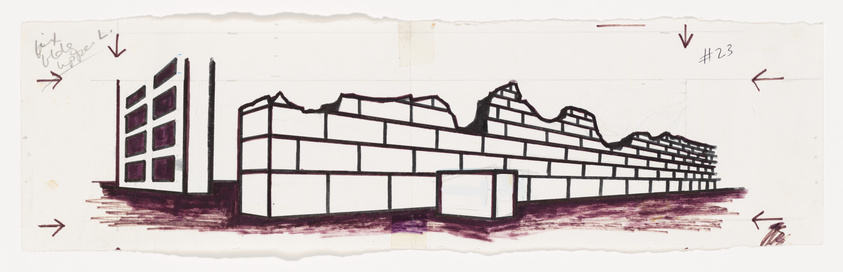 A hand-drawn sketch of a modern building with multiple floors, featuring a wavy roofline and large windows. The drawing is done on a strip of paper with torn edges and tape marks, with annotations and arrows suggesting design modifications.