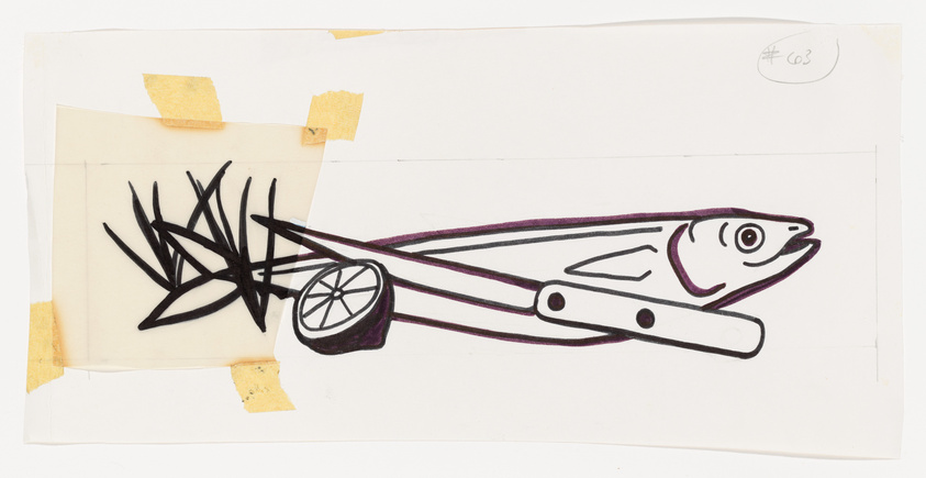 A hand-drawn illustration of a fish with a circular wheel attached to its underside, resembling a fish on a skateboard, taped to a white background with yellow pieces of tape. The drawing includes black outlines with purple shading and is partially overlapping a piece of paper with scribbled black lines. There's a small notation "#03" in the top right corner of the background paper.