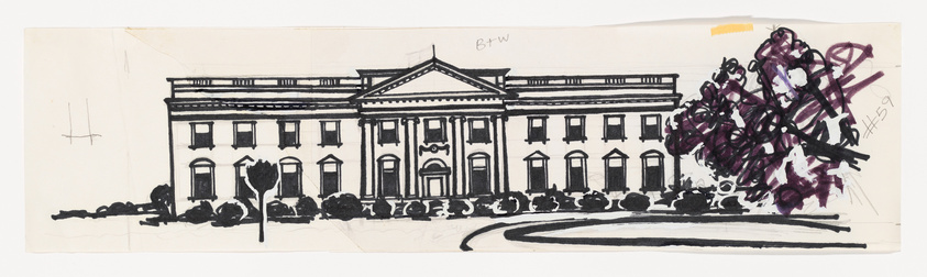 A sketch of a classical building with columns and multiple windows, featuring a prominent central pediment. The drawing is detailed on the left side, while the right side is obscured by abstract purple and black scribbles. A tree silhouette is visible on the left, and there's a curved pathway in front of the building. The paper appears aged, with creases and a yellow adhesive note on the top right corner.