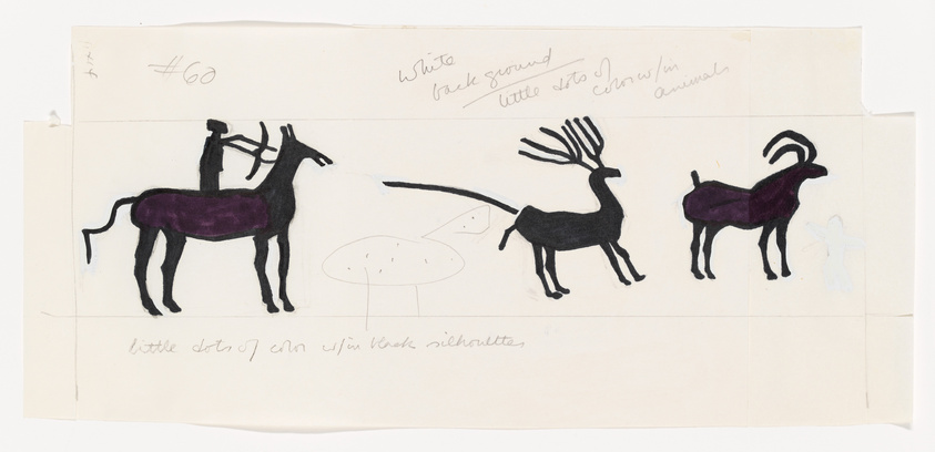 A hand-drawn illustration on a piece of paper featuring three animal silhouettes: a horse with a rider, a deer with large antlers, and a goat with curved horns. The animals are colored in with a dark hue, possibly black or purple, against a white background. There are handwritten notes and numbers on the paper, suggesting this might be a draft or part of a series.