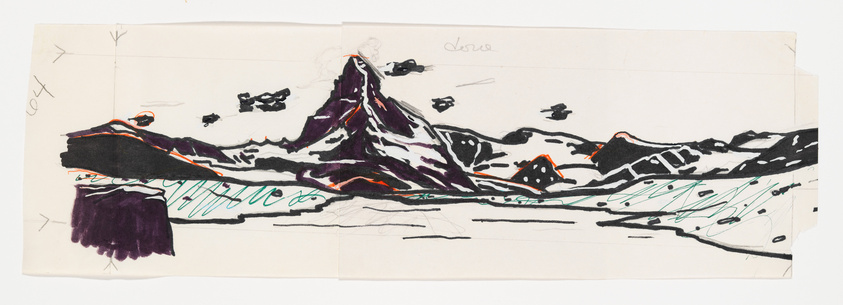 A panoramic sketch of a mountainous landscape on folded paper, with black outlines and highlights in orange and green. Some areas are filled with purple, and there are handwritten notes and arrows around the edges.