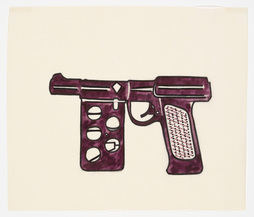 Illustration of a stylized handgun with a purple and black color scheme on a cream background. The gun features abstract cut-out shapes within its silhouette.