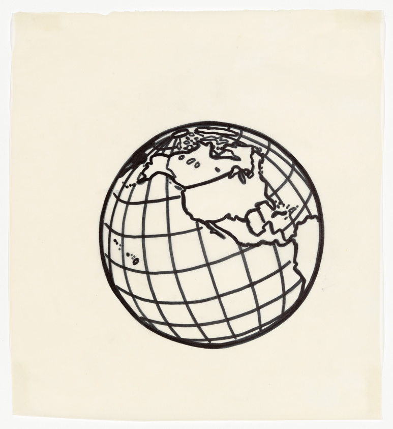 A simple black and white line drawing of a globe centered on the North Atlantic, showing parts of North America, Europe, and Africa, on a cream-colored background.