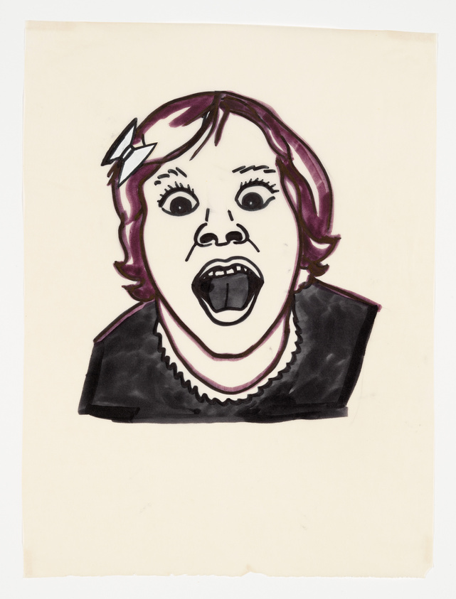 Illustration of a person with an exaggerated expression, featuring wide eyes and an open mouth as if shouting or singing. The character has purple-tinted hair with a hair clip, and is wearing a black top with a ruffled collar. The drawing is done in a simple, cartoonish style with bold outlines and minimal color, on an off-white paper background.