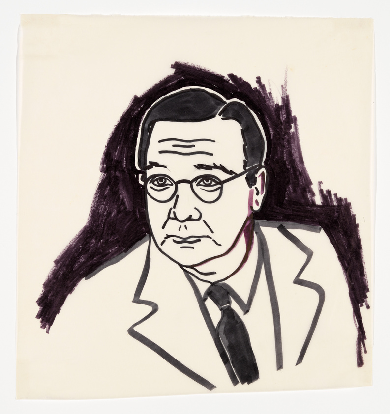 A stylized black and white illustration of a bespectacled man with a serious expression, wearing a suit and tie, against a white background with abstract dark brush strokes to one side.
