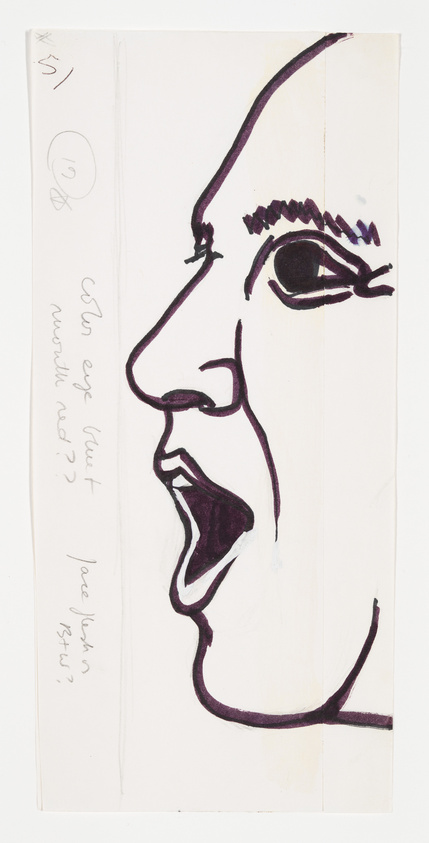 A sketch of a profile view of a person's face with exaggerated features, drawn in bold black lines on a white background. The image includes handwritten notes questioning the depiction of the eye, nose, and mouth.