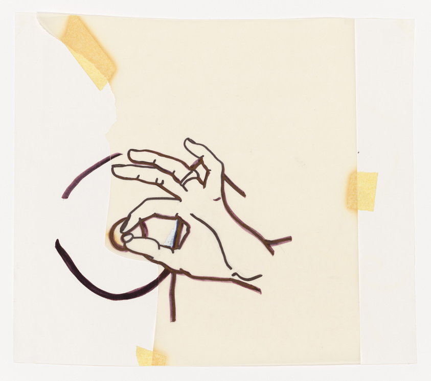 A simplistic line drawing of a hand with fingers in a snapping position on a cream-colored paper background, with the paper appearing slightly torn at the top left corner and affixed with pieces of yellow tape on the top left and bottom right corners.