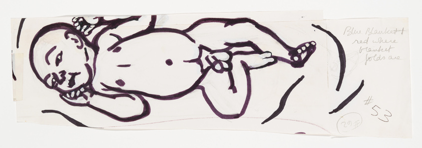 A sketch of a reclining baby with exaggerated features drawn in bold, dark lines on a piece of paper. The baby's expression is peaceful, and the drawing is stylized with minimal detail. Handwritten notes on the right side of the paper suggest color details for a blue blanket with red where folds are. The number "#55" is also written near the bottom right corner.