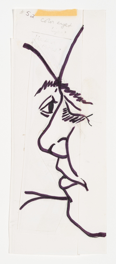 A sketch of a stylized profile of a face with prominent lines and angles, drawn in purple ink on a piece of paper with some creases and tape at the top. Handwritten notes and numbers are visible at the top edge of the paper.
