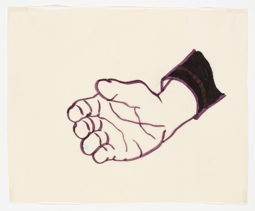 A simple line drawing of a clenched fist viewed from the side, with the thumb tucked in and visible above the fingers. The drawing is done in purple lines on a cream-colored background, and the cuff of the sleeve is filled in with black and purple colors. The paper appears slightly wrinkled or creased at the edges.