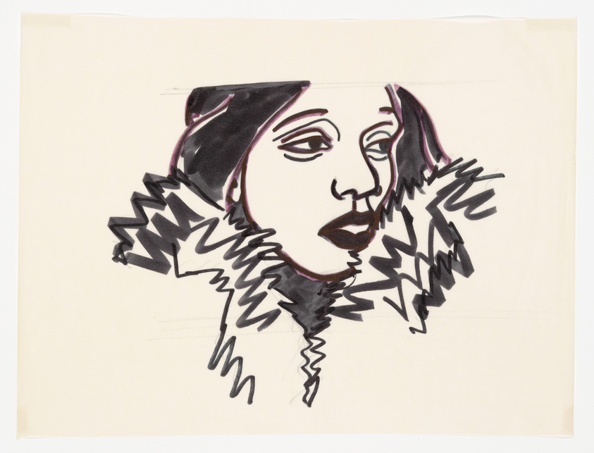 Sketch of a stylized female face with prominent eyelashes and lips, wearing a ruffled collar or garment, drawn in black ink with purple accents on an off-white paper background.