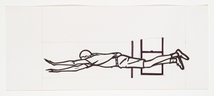 A minimalist line drawing of a human figure in a horizontal flying pose with arms outstretched, resembling a superhero in flight, against a white background. The figure is drawn with simple black lines and is positioned above a stylized representation of a chair, also in black lines, suggesting the figure is levitating or flying above the chair.