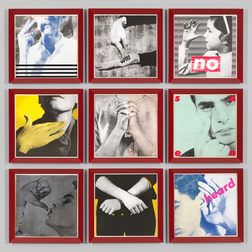 A grid of nine stylized images with bold text and graphics, each framed in red, conveying various messages through gestures and expressions.