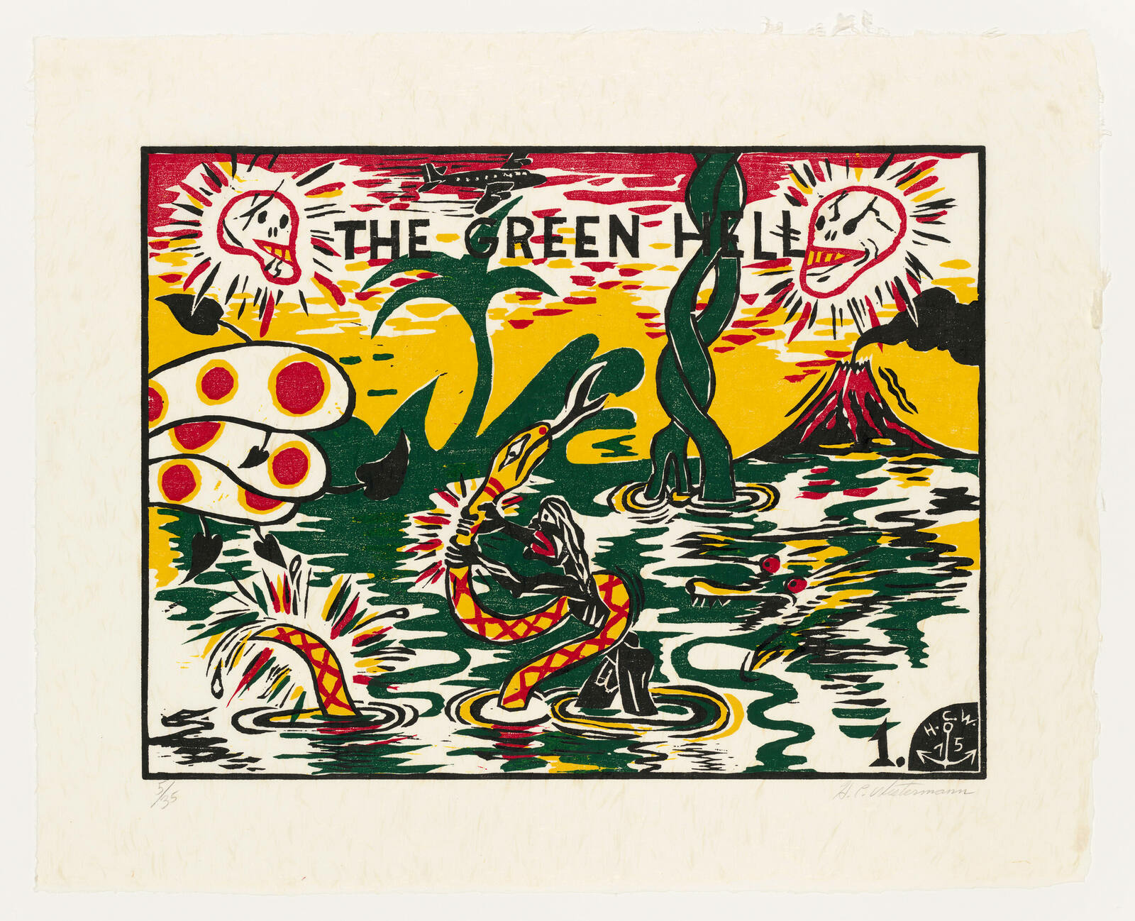 A vibrant, multicolored woodcut print titled "THE GREEN HELL" featuring abstract and stylized elements such as faces, serpentine forms, and a volcano-like eruption in a dynamic, energetic composition. The artwork is predominantly in green, red, yellow, and black, with a primitive or folk art aesthetic. The print is numbered and signed by the artist in the bottom corners.