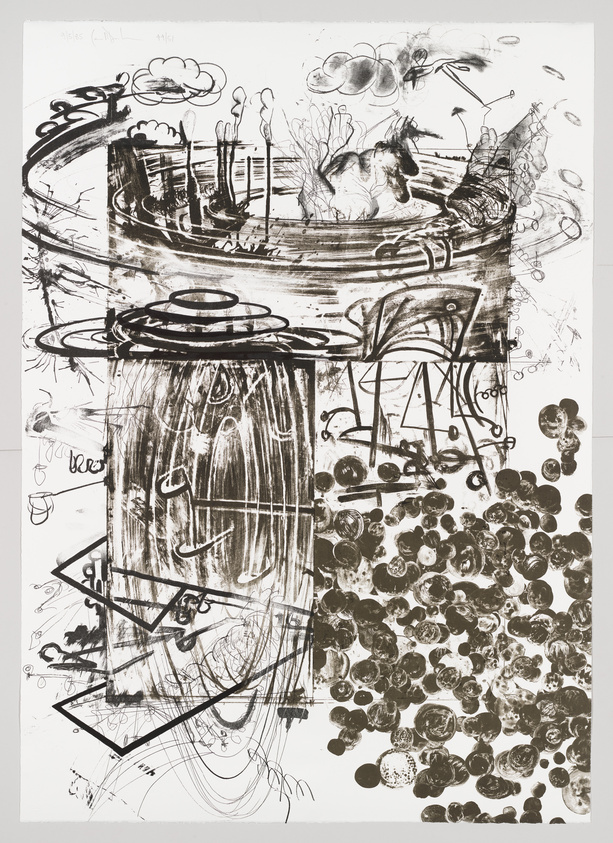 An abstract black and white artwork featuring a variety of shapes and lines that create a sense of chaotic movement. The top half of the image shows circular forms that resemble clouds and swirling patterns, while the bottom half is dominated by dense clusters of circular blotches. The piece combines elements of sketch-like drawings with inkblot textures, giving it a dynamic and somewhat disordered appearance.