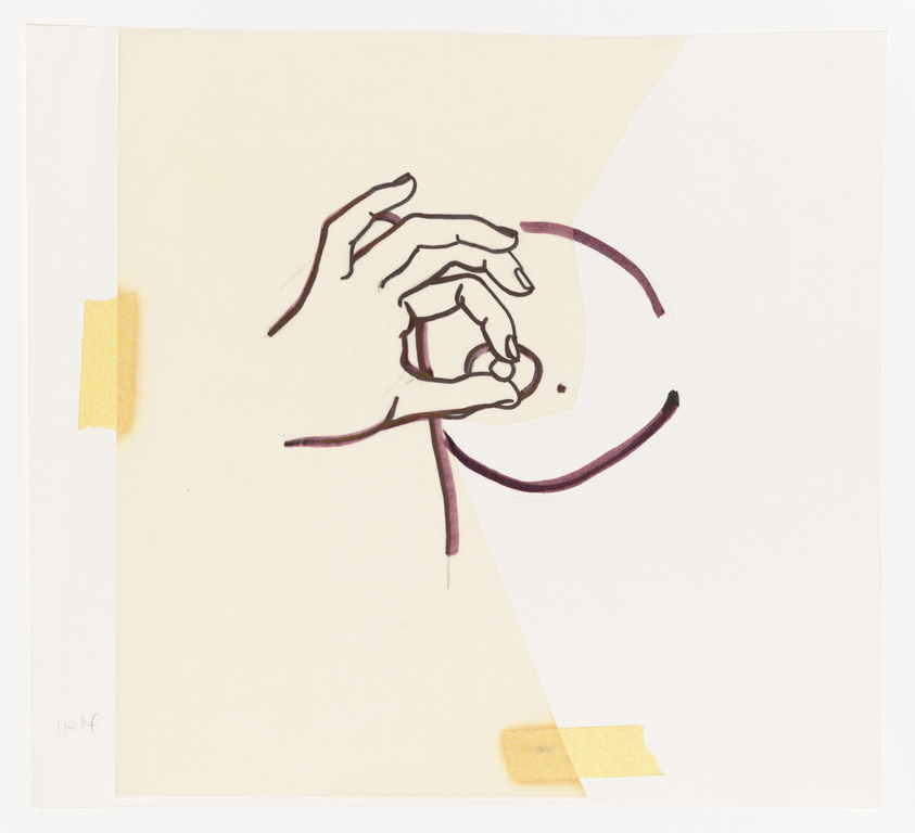 A minimalist line drawing of a hand with the index finger and thumb forming a circle on a cream-colored paper, with pieces of yellow tape on the edges.
