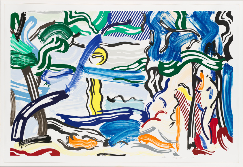 A vibrant abstract painting featuring a dynamic array of brushstrokes in various colors including blue, green, yellow, red, and black on a white background. The strokes are thick and energetic, creating a sense of movement across the canvas.