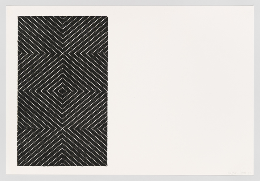 Geometric black and white patterned artwork with diamond shapes and parallel lines on a rectangular canvas.