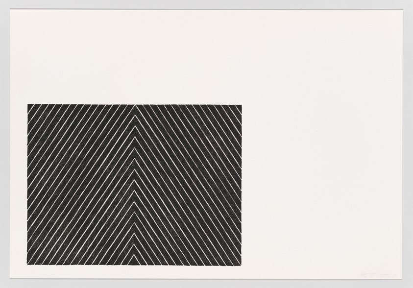 Black and white chevron pattern with diagonal lines creating a V-shaped design on a rectangular canvas, signed in the bottom right corner.