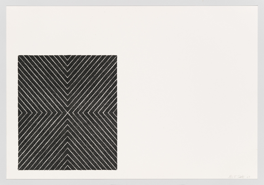 Black and white geometric print with chevron patterns on a white background.