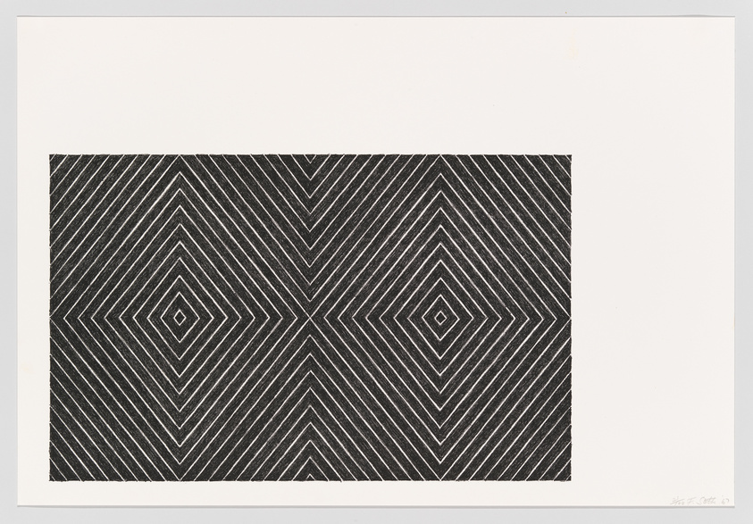 Black and white geometric print with diamond shapes creating an optical illusion effect, signed by the artist.