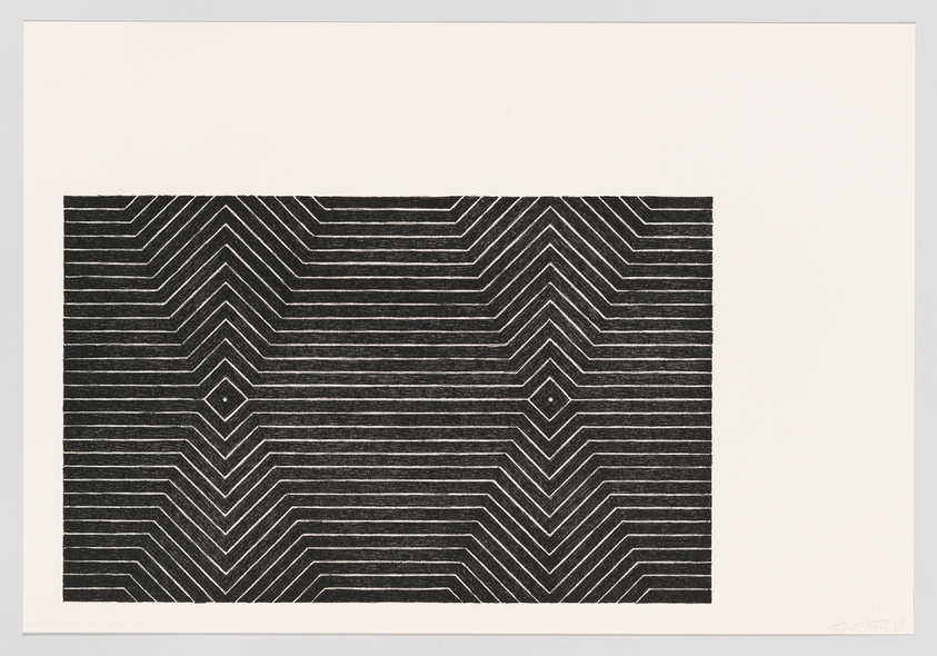 Black and white geometric print with concentric diamond patterns on paper.