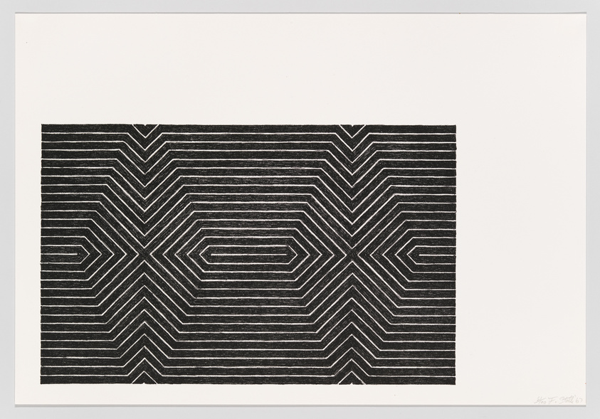 A black and white abstract print featuring a series of concentric geometric patterns with a zigzag motif, creating an optical illusion of depth. The artwork is centered on a white background with the artist's signature and edition number at the bottom right.
