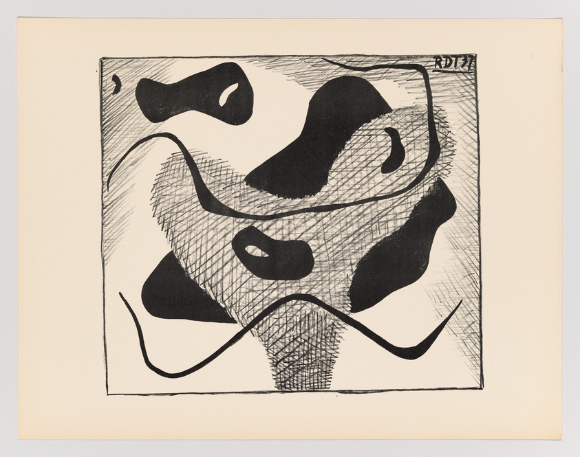 A black and white abstract print featuring organic shapes and scribble-like textures within a square border, signed with the initials "RD" in the upper right corner. The artwork is centered on a beige paper background.