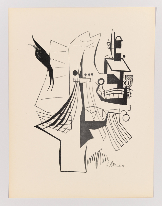 Abstract black and white artwork featuring a juxtaposition of geometric and organic shapes, possibly suggesting a fragmented figure or a collection of objects. The composition is balanced between dense, detailed areas and open space, with a signature at the bottom right corner.
