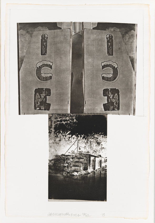 A black and white composite photograph with two distinct parts. The upper section shows a pair of worn metallic doors with horseshoe-shaped handles and rusted letter cutouts. Below, a separate image depicts a dilapidated building surrounded by overgrown foliage, reflecting on a body of water. Handwritten text at the bottom indicates the artist's name and the year 1962.