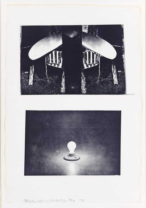 This image features two black and white photographs mounted on a single sheet. The top photo is a mirrored image showing the symmetrical halves of a surfboard leaning against a wooden chair with vertical slats, set on a gritty surface. The bottom photo depicts a light bulb glowing in a dark, textured space, creating an aura of light around it. The artist's signature and the year '79 are inscribed at the bottom right of the mounting sheet.