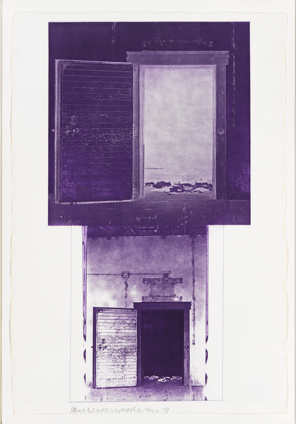 A purple-tinted photograph featuring an upside-down image of a weathered door and window frame at the top, with a view of a calm sea and distant rocks through the window. Below, the right-side-up image shows a dilapidated interior with a closed door and peeling paint, suggesting a sense of abandonment. The image has a border with handwritten text at the bottom.