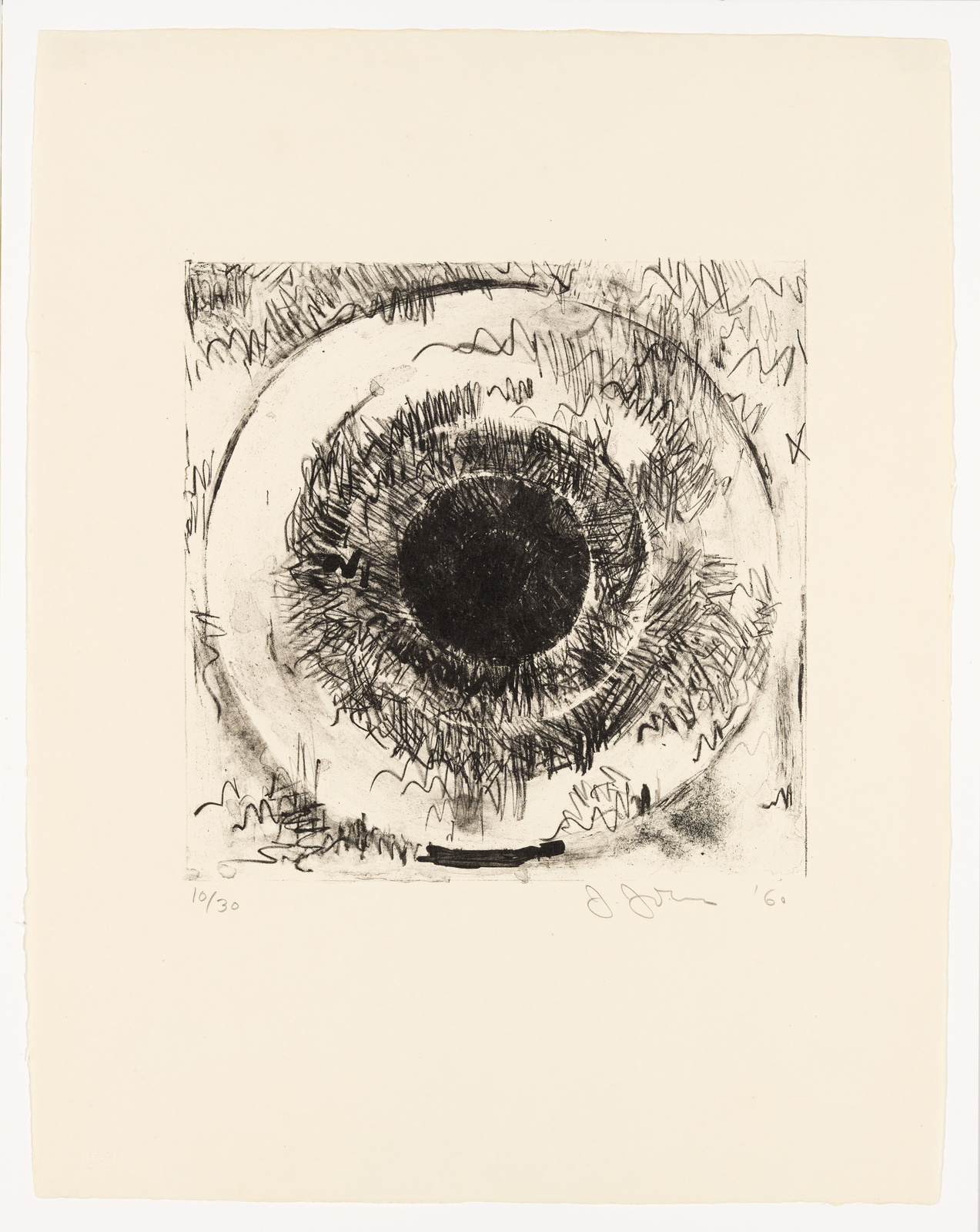A black and white abstract etching featuring a central dark circular shape surrounded by expressive, sketchy lines on a cream-colored paper. The artwork is numbered 10/30 and signed by the artist in the lower margin.