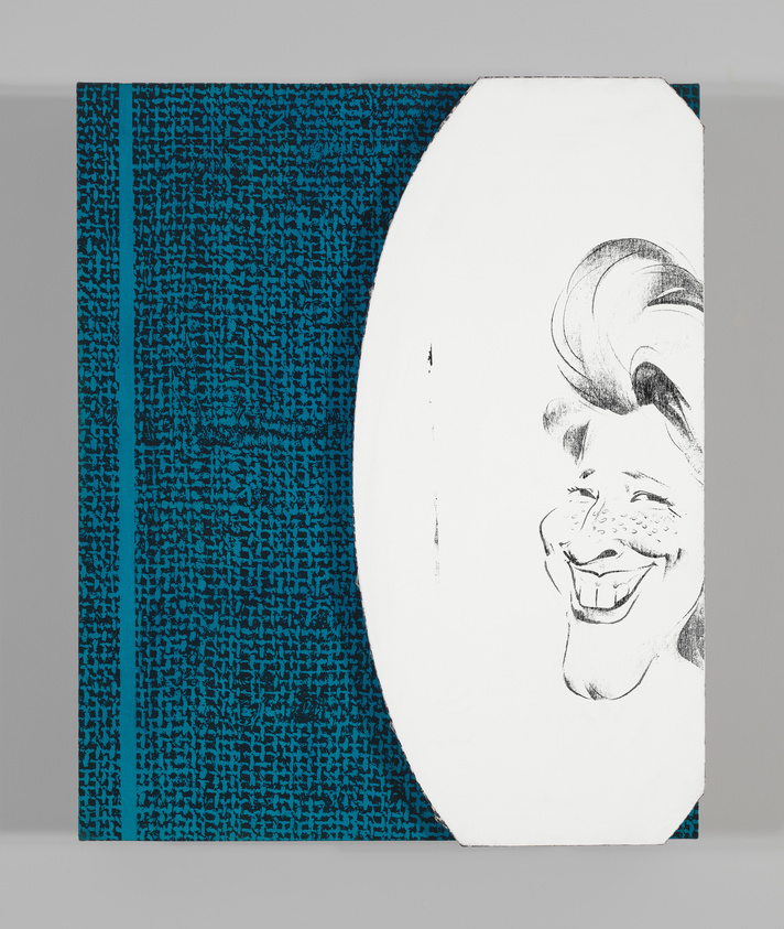Artwork with a sketched smiling face on a white oval canvas beside a blue canvas with text patterns.