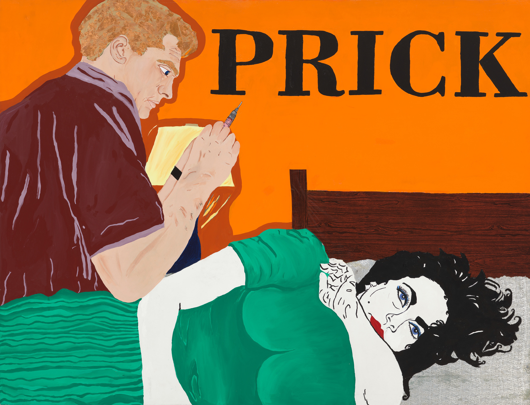 A man holding a syringe stands over a woman lying in bed, with the word "PRICK" in large letters on an orange background.