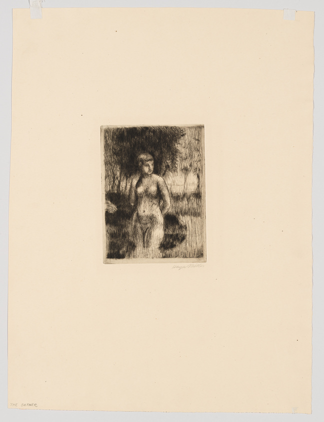 An etching of a female figure, titled "The Bather," by Mary Cassatt, centered on a large sheet of paper. The figure appears to be standing in a relaxed pose with dappled light and shadow effects, suggesting an outdoor setting. The artist's signature is visible below the image.