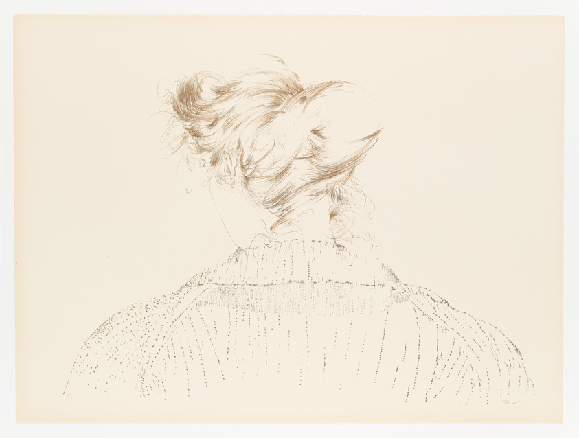 A detailed pencil sketch of the back of a person's head and upper back, showing wavy hair tied up loosely and a textured garment. The drawing is on cream-colored paper.