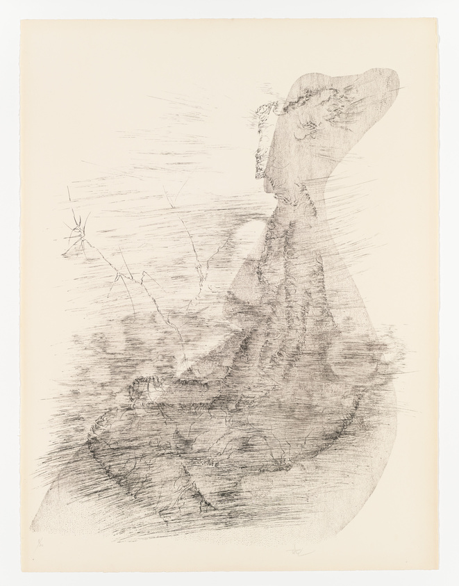 Sketch of a woman in profile with abstract, textured lines on a beige background.