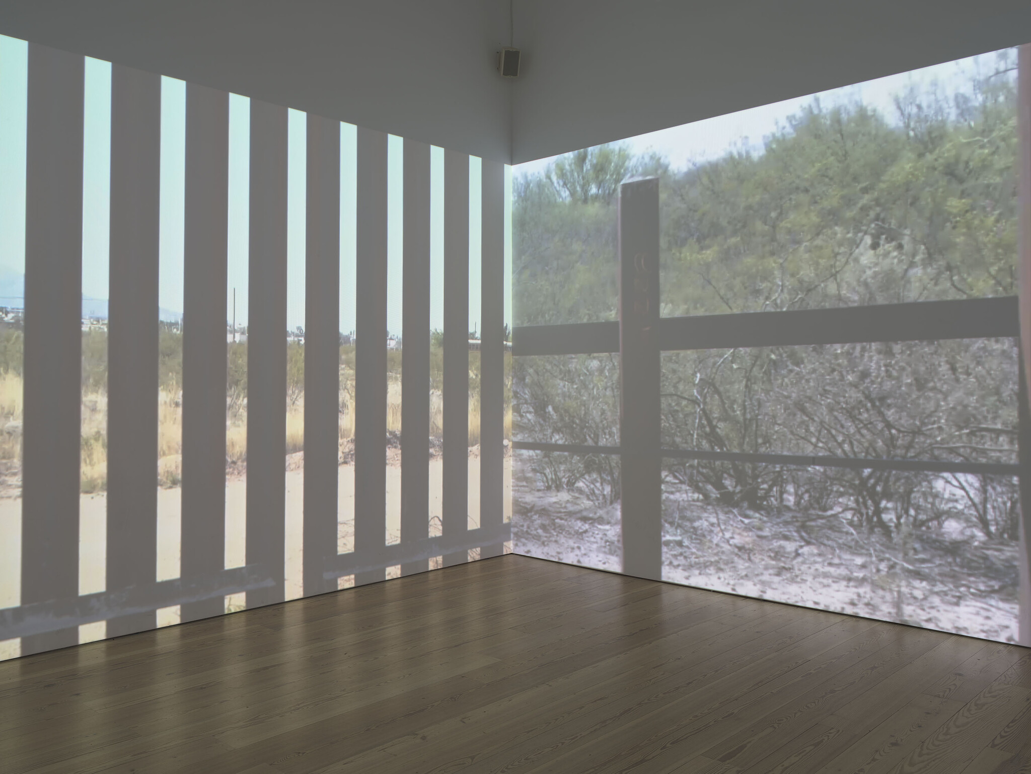 A spacious room with a wooden floor and a large window covered by vertical blinds, behind which a desert landscape with sparse vegetation and cacti is visible. The sunlight casts shadows of the blinds onto the floor, creating a pattern of light and dark stripes.