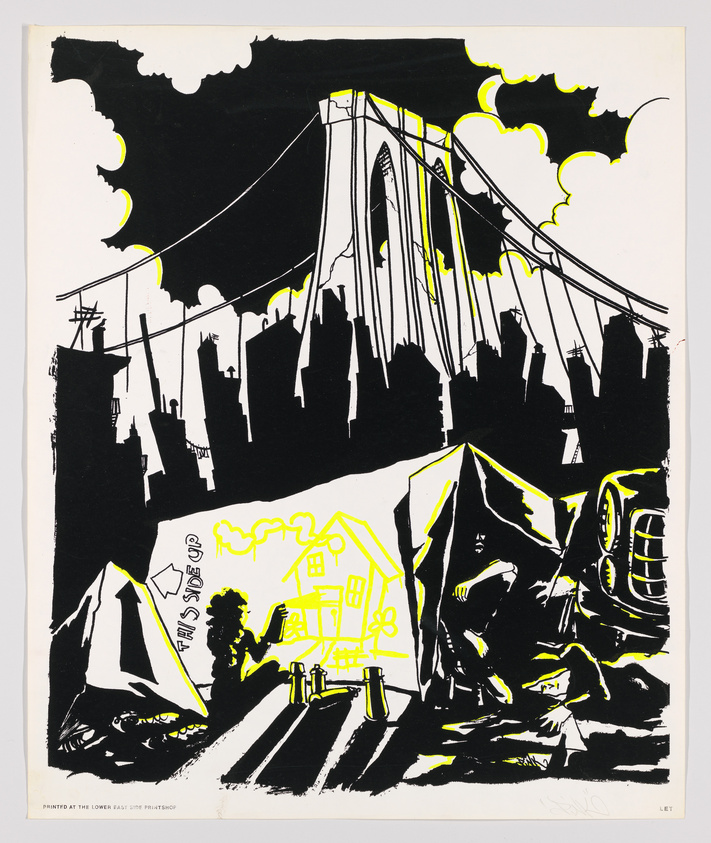 Graphic print featuring a stylized black and white depiction of a bridge resembling the Brooklyn Bridge, with a silhouette of a city skyline in the background. In the foreground, there's a bright yellow outline of a house and a figure, with text that appears to be graffiti. The bottom of the image includes the text "PRINTED AT THE LOWER EAST SIDE PRINTSHOP."