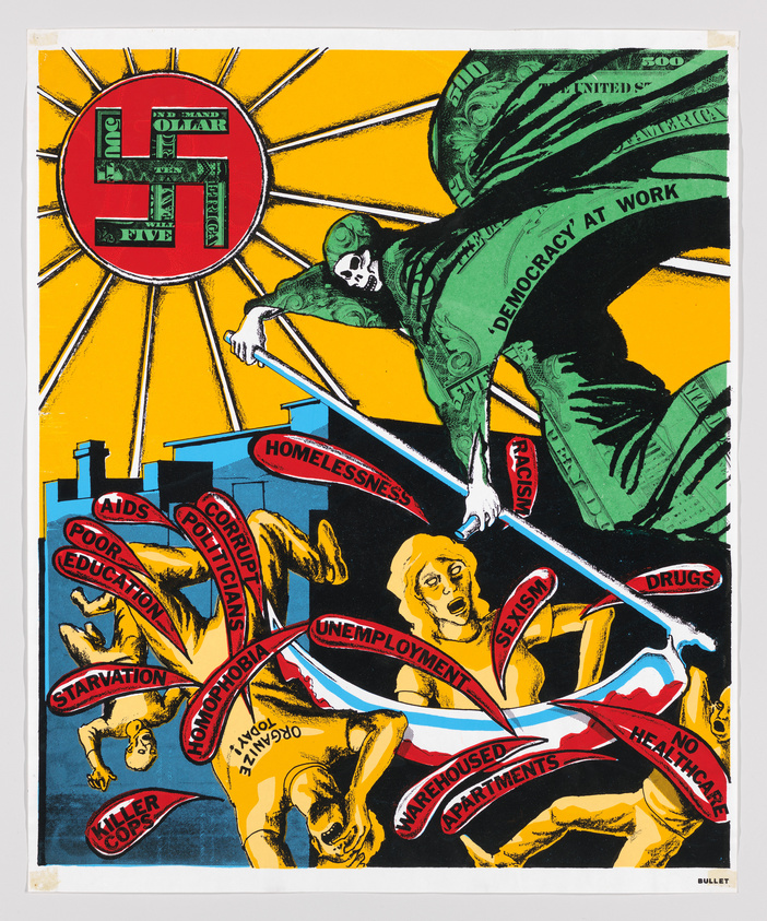 A vibrant political poster featuring a large green arm with a dollar bill pattern and the phrase "DEMOCRACY AT WORK" extending from the top right corner towards the center against a yellow and red sunburst background. The center of the sunburst is a red and green swastika with the word "DOLLAR" on it. Below the arm, there are several figures in distress surrounded by words like "AIDS," "HOMELESSNESS," "RACISM," "SEXISM," "DRUGS," and other social issues. The bottom of the image has the word "KILLER COPS" in bold red letters. The artwork has a strong graphic style with a limited color palette, reminiscent of propaganda posters.