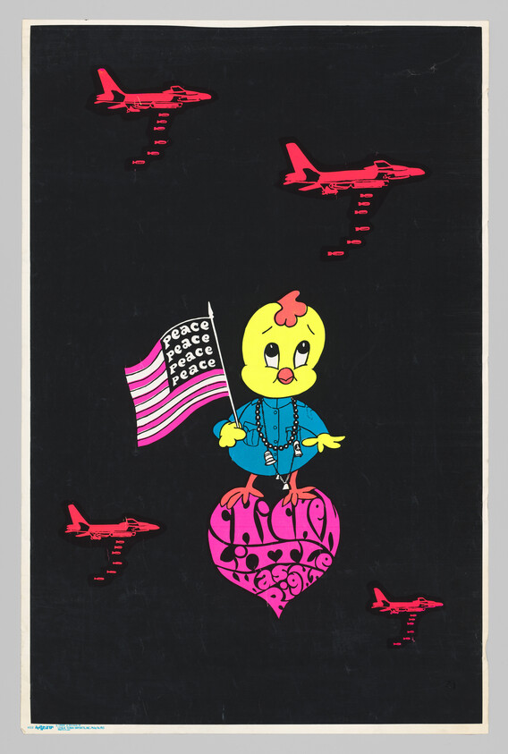 Cartoon bird holding a "Peace" flag, standing on a heart with "Make Love Not War" text. Red jets dropping bombs in the background.