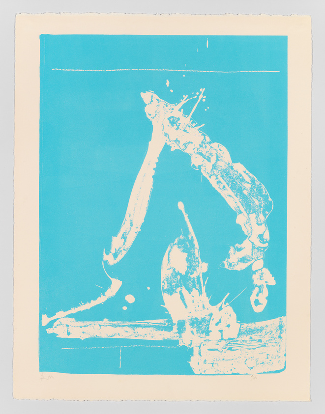 A cyanotype print featuring an abstract splatter pattern on a blue background, with the edges of the paper visible, suggesting an artistic or experimental process.