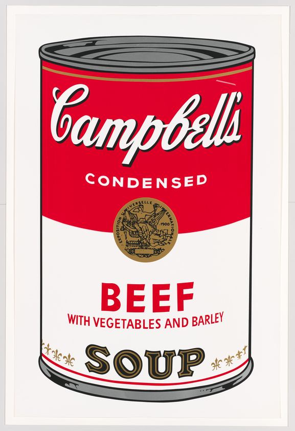 Illustration of a classic Campbell's condensed beef soup can with vegetables and barley.