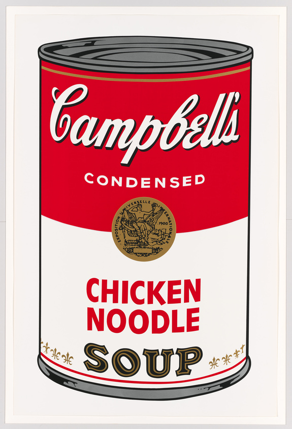 Illustration of a classic Campbell's condensed chicken noodle soup can.