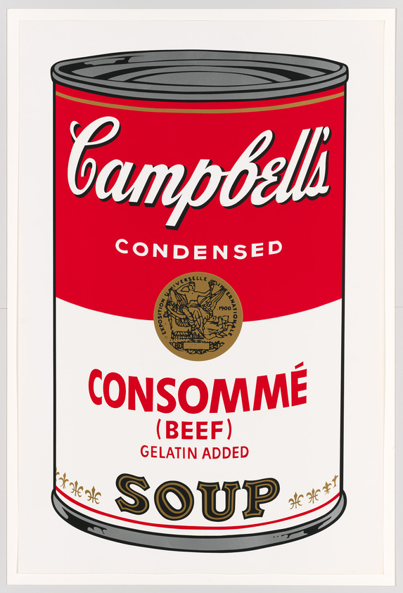 Illustration of a classic Campbell's condensed beef consommé soup can with red and white label.