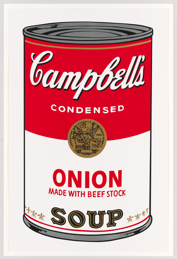 Illustration of a classic Campbell's condensed onion soup can with a red and white label.