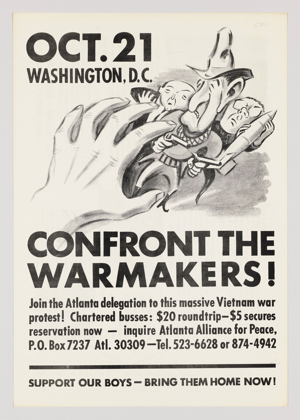 Vintage protest poster announcing an event on October 21 in Washington, D.C. to confront warmakers, featuring a black and white illustration of three figures being squeezed by a large hand, with text promoting the Atlanta delegation's participation in a Vietnam war protest, including details for chartered buses and contact information for the Atlanta Alliance for Peace. The bottom of the poster includes a call to action: "SUPPORT OUR BOYS – BRING THEM HOME NOW!"